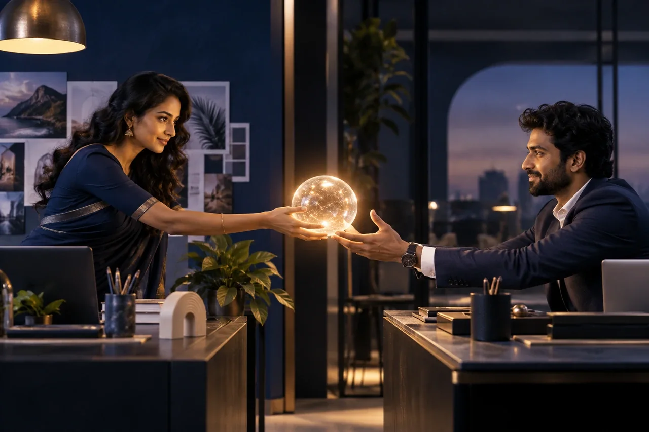 Two South Indian professionals carefully transferring one illuminated enquiry orb between marketing and sales desks in a modern studio