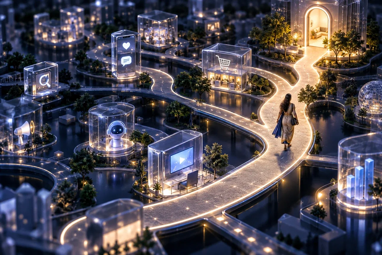 Illuminated customer decision paths winding through an AI-inspired miniature business city