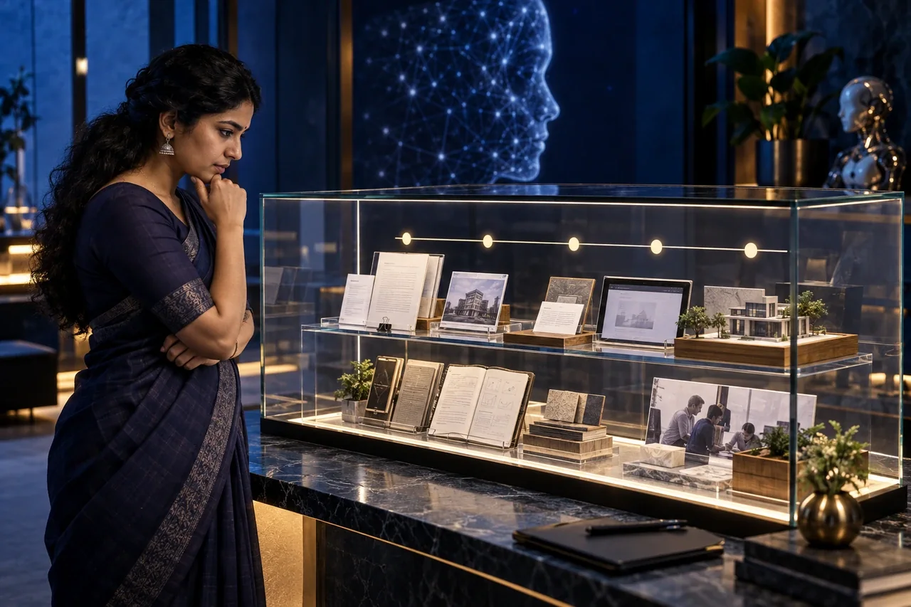 South Indian editor examining project evidence and a case study timeline in a transparent display
