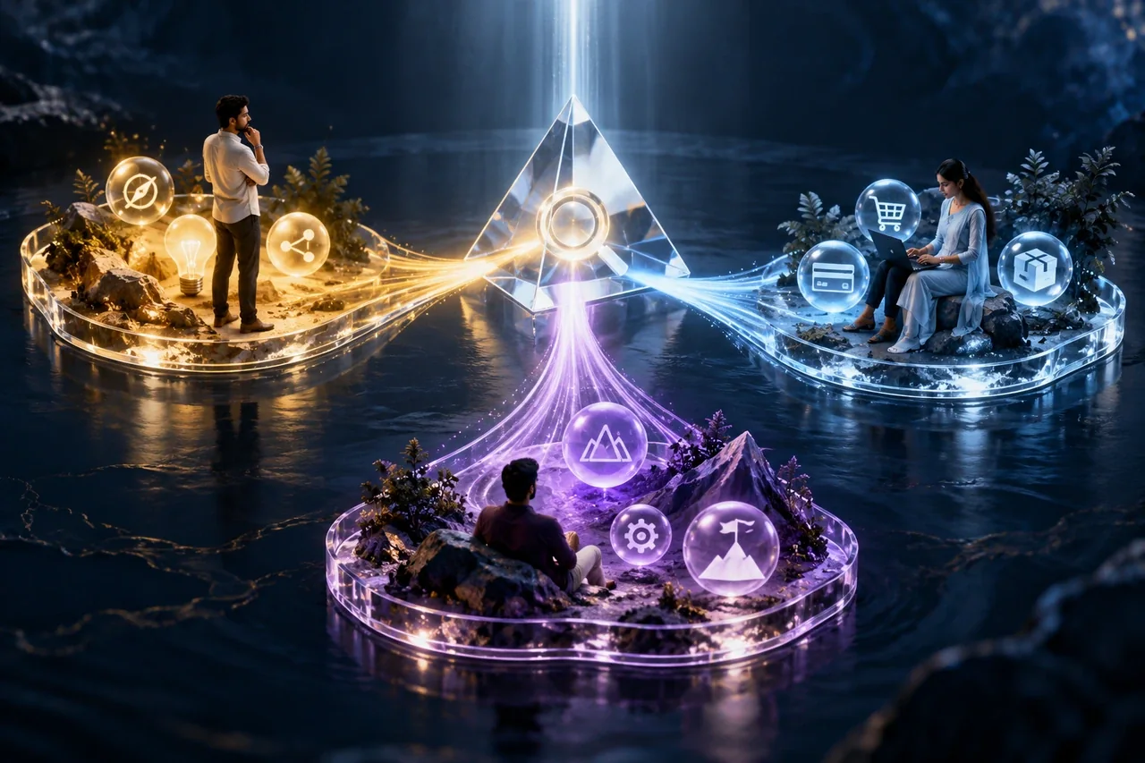 Distinct search intent pathways grouped around a luminous glass search prism