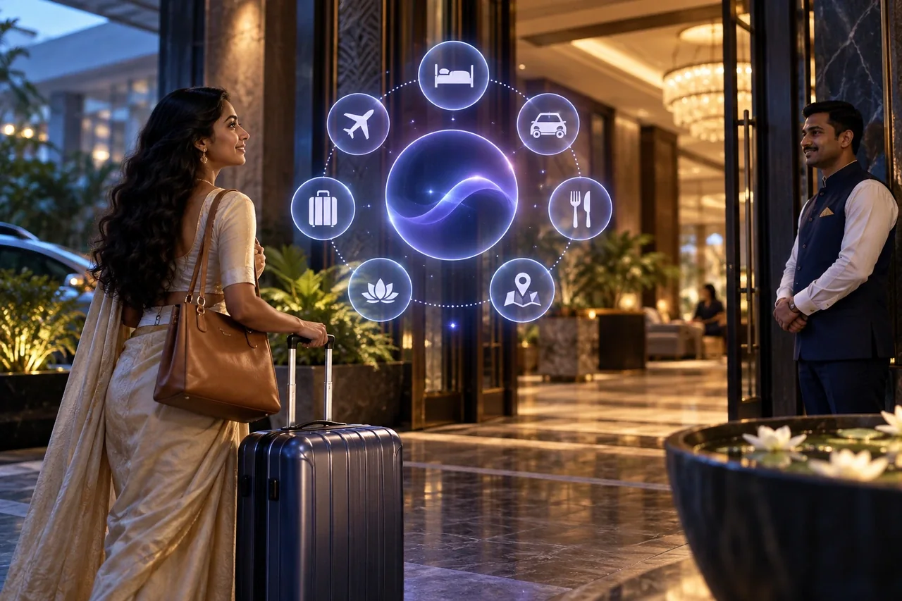 An elegant hotel entrance model with a suitcase and a translucent circular FAQ constellation, indigo AI concierge glow, inviting refined hospitality