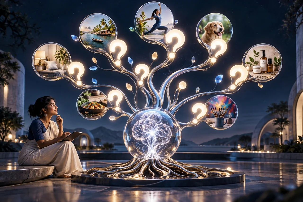 AI-inspired question tree branching into distinct social media content pillars