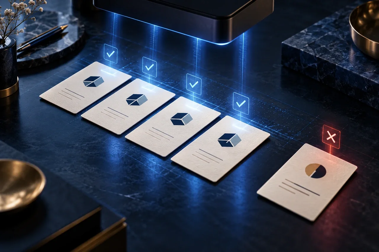 An AI scanning beam comparing business identity cards for consistent information
