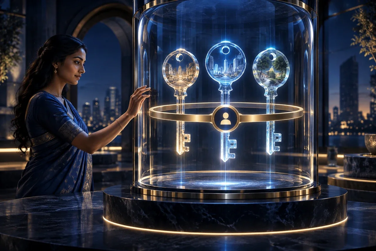 Three elegant translucent access keys suspended inside an indigo secure glass vault, a single owner control ring around them, AI account governance