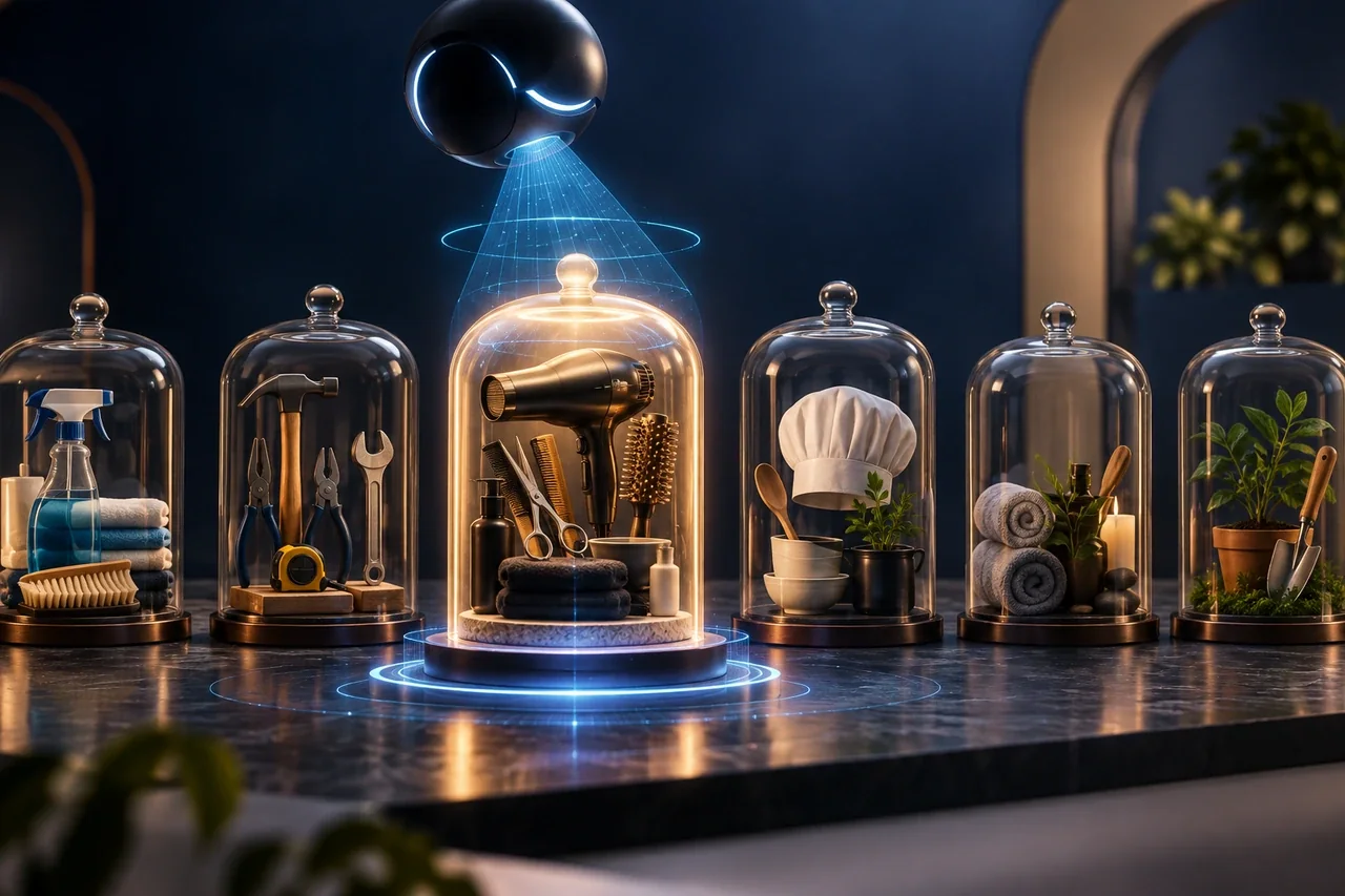 A carefully arranged set of miniature service tools and one selected glass category container illuminated by an AI scanning beam, honest service alignment