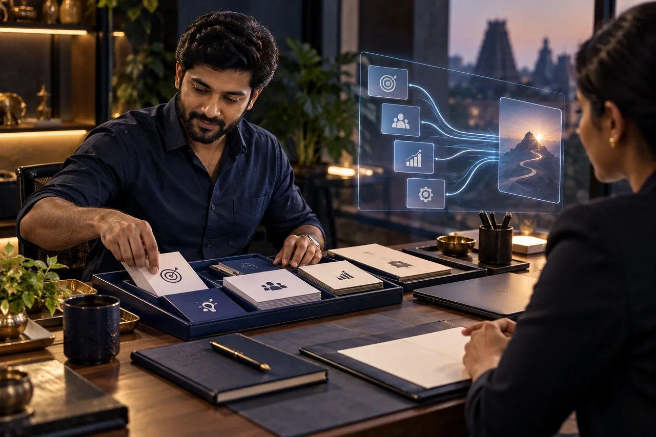 A South Indian small business owner arranging an organized readiness toolkit on a desk before meeting an agency partner, subtle AI planning projection