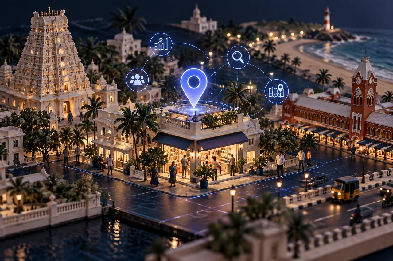 Miniature neighbourhood storefronts with a luminous location pin and indigo AI connections