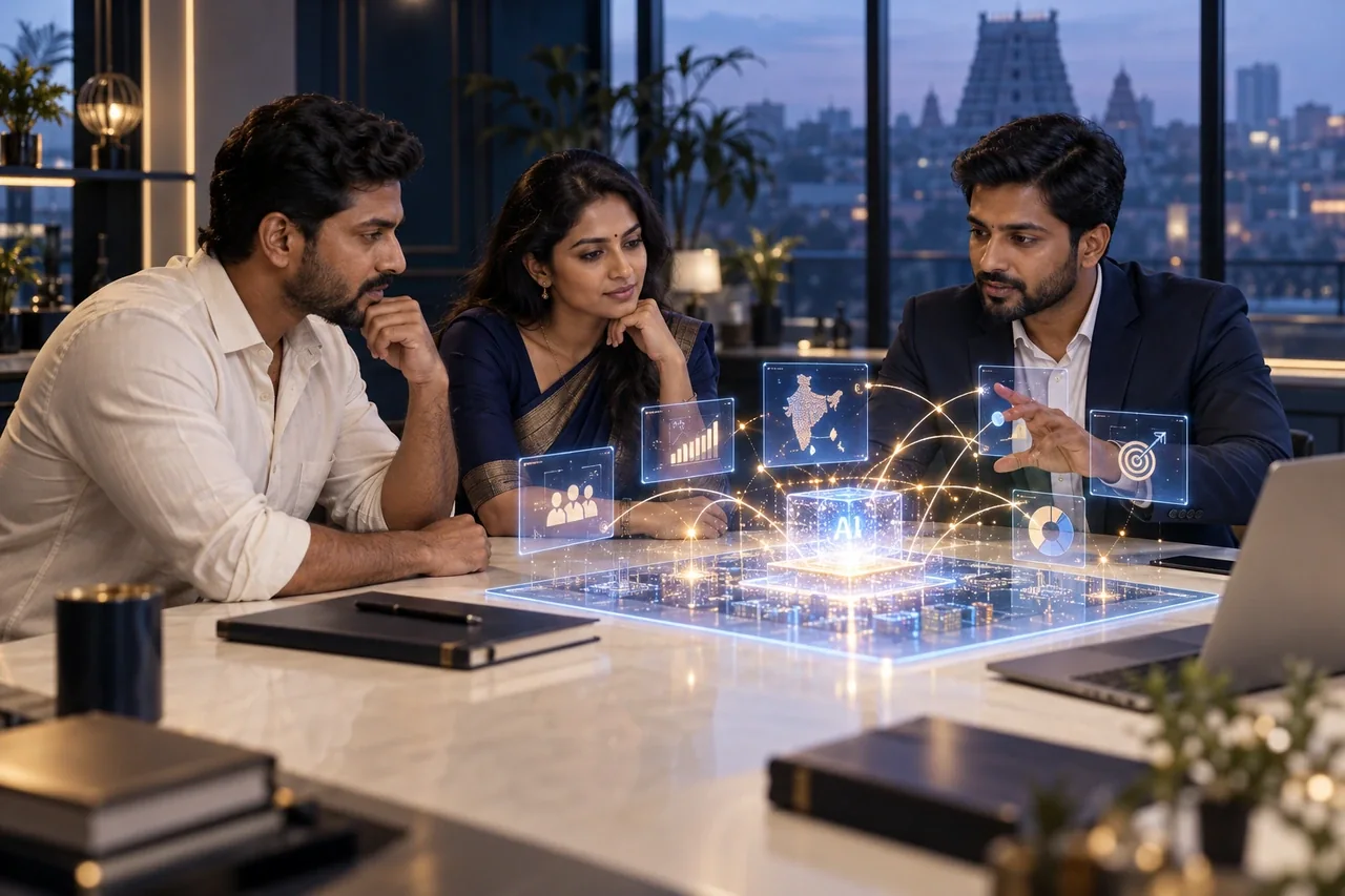 South Indian business owners discussing an AI strategy model with a marketing adviser