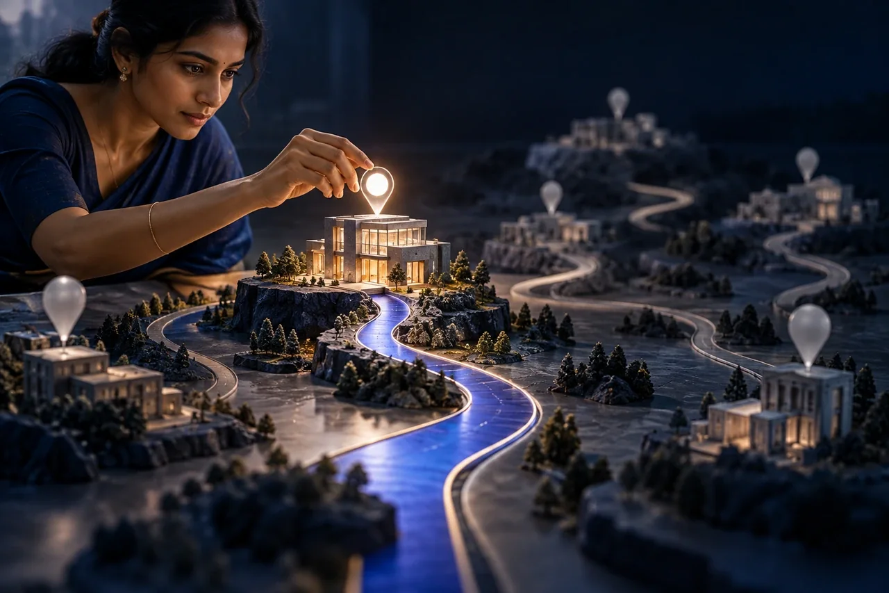 A single illuminated service beacon on an architectural model, competing distant paths fade while a clear indigo route points to the business