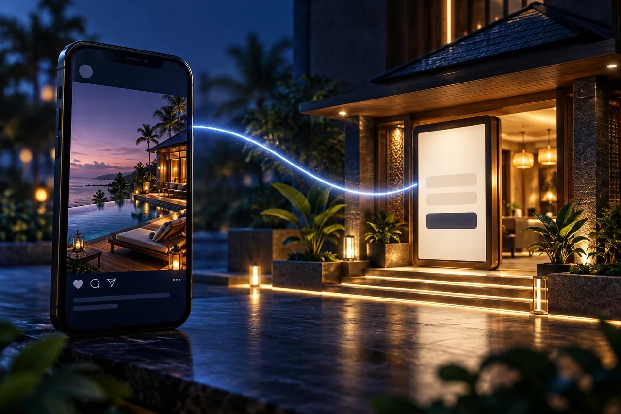Hotel social media visual on a phone connected to a direct booking destination