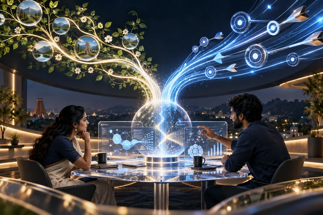 Organic search and paid campaign light pathways converging on one shared research workstation