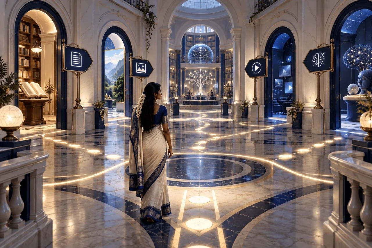 Knowledge doors connected by symbolic signposts and illuminated navigation paths