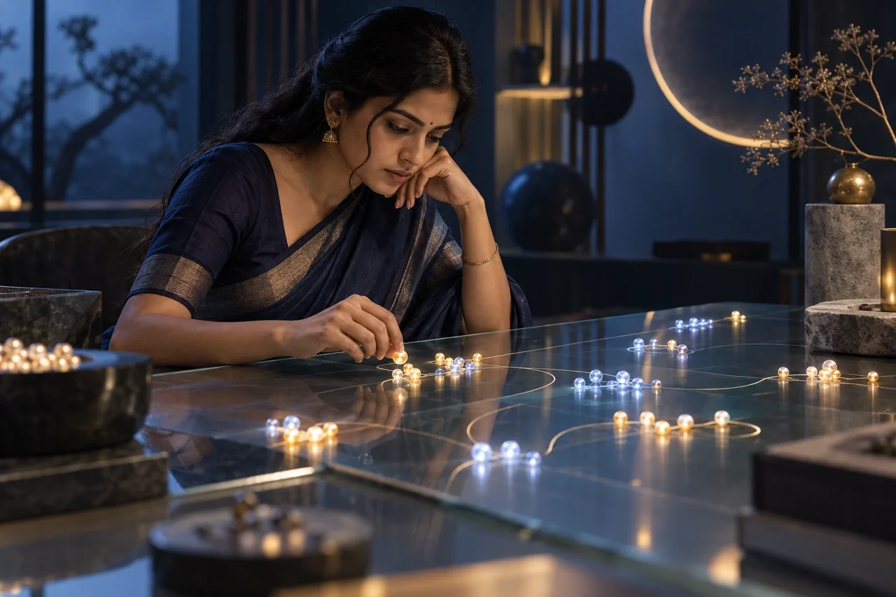 A South Indian woman researcher in a quiet studio examining sparse clusters of luminous user journey beads on a glass table, small precise evidence instead of big dashboards