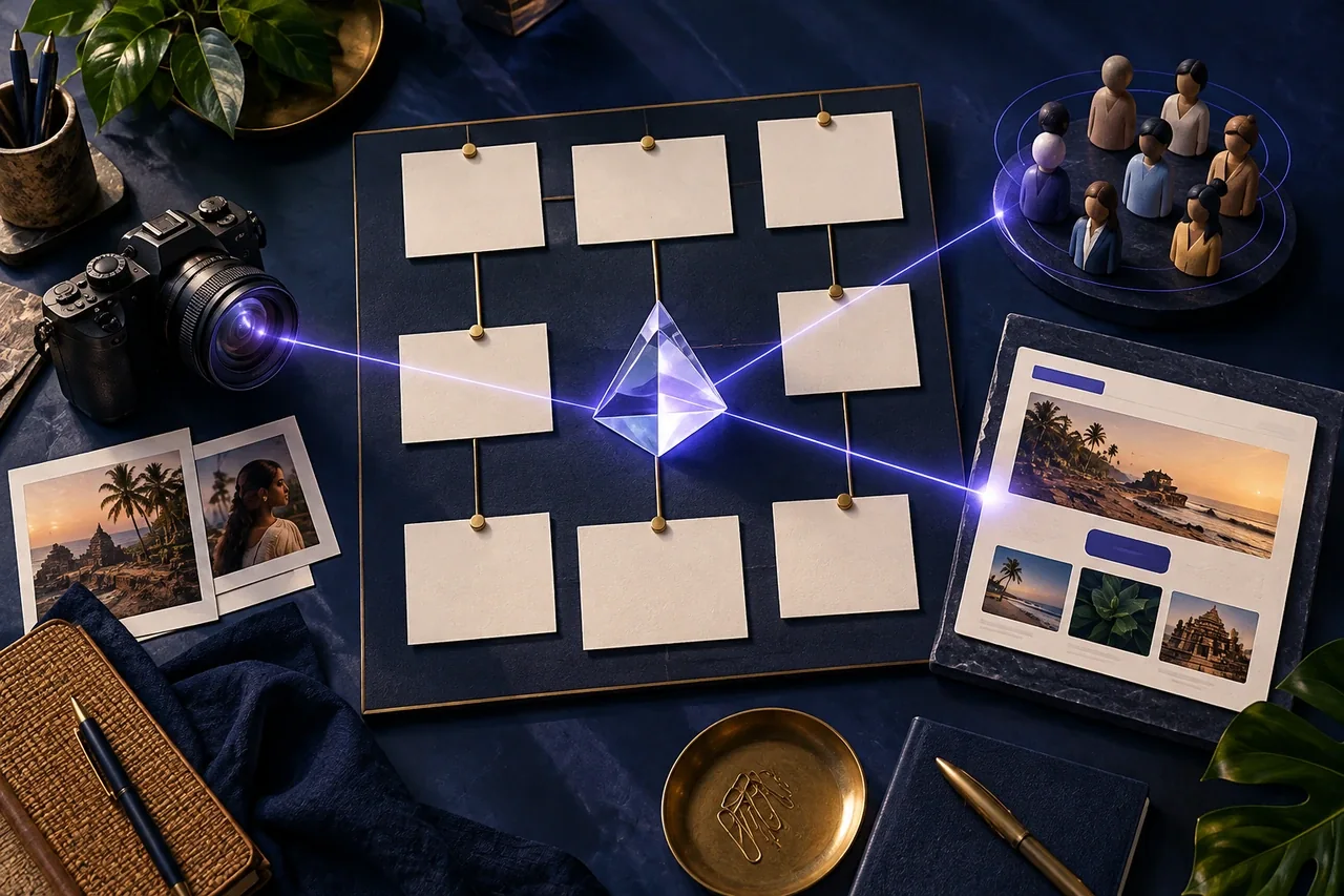 Campaign planning cards connected by an AI light prism to audience and landing page concepts