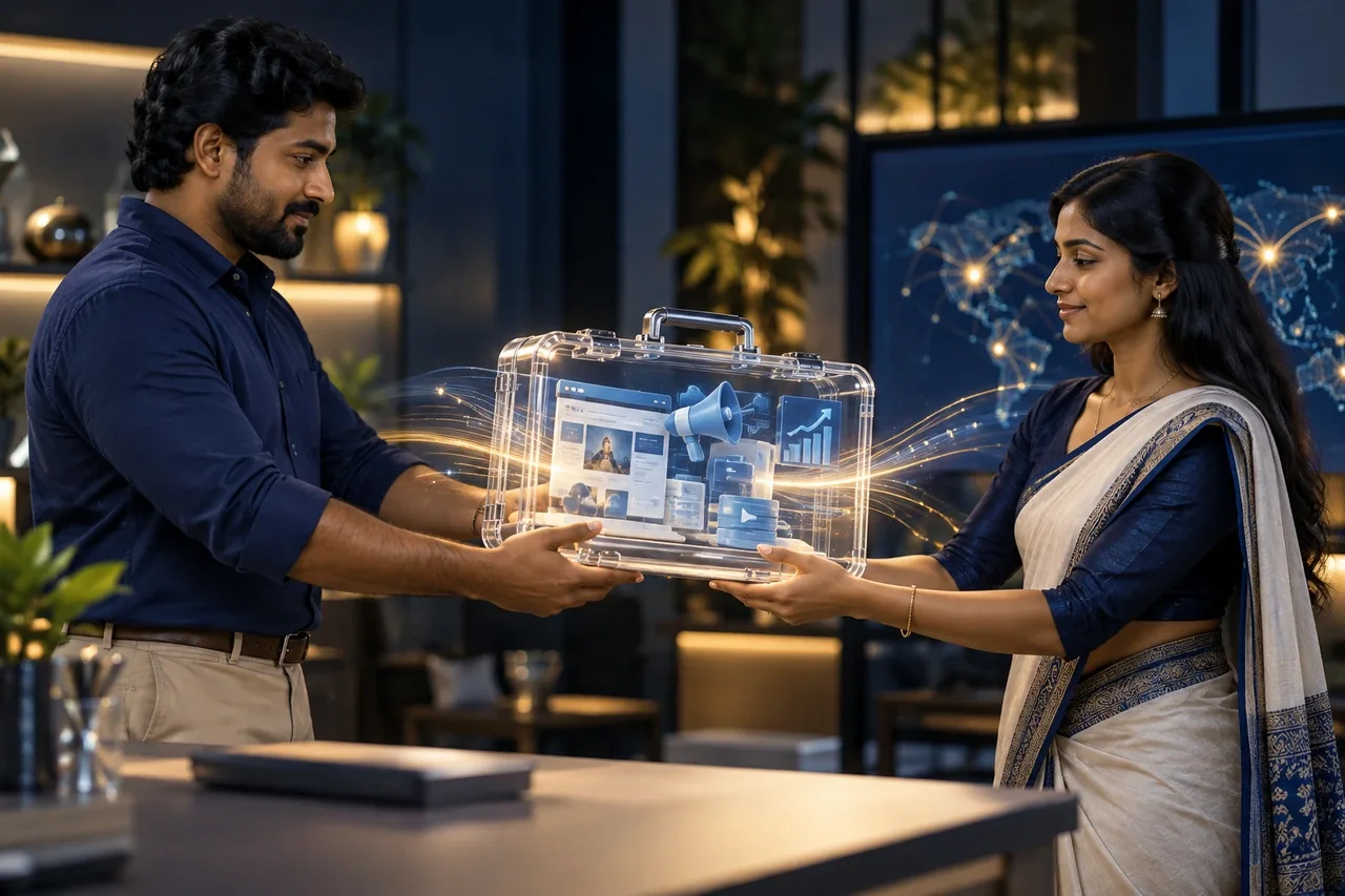 South Indian professionals exchanging a secure website and campaign handover archive