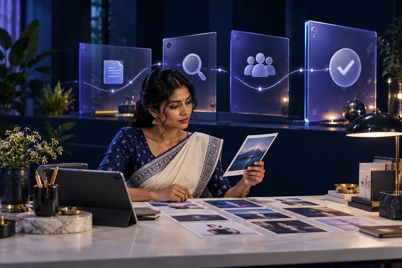 South Indian editor reviewing a content card beside a sequence of illuminated approval gates