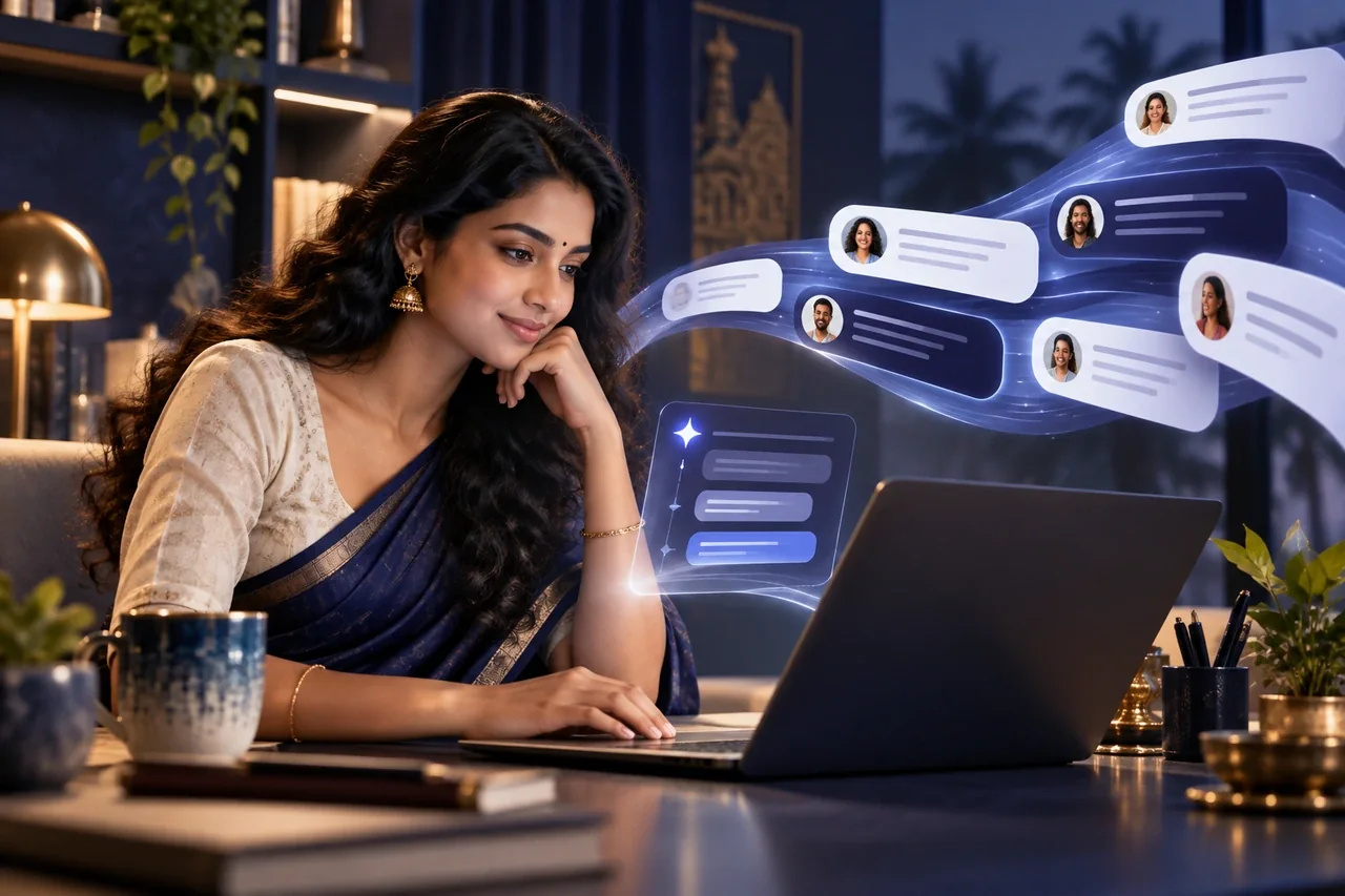 Several elegant conversation bubbles forming an orderly indigo wave beside a South Indian community manager, warm realistic portrait and subtle AI support interface