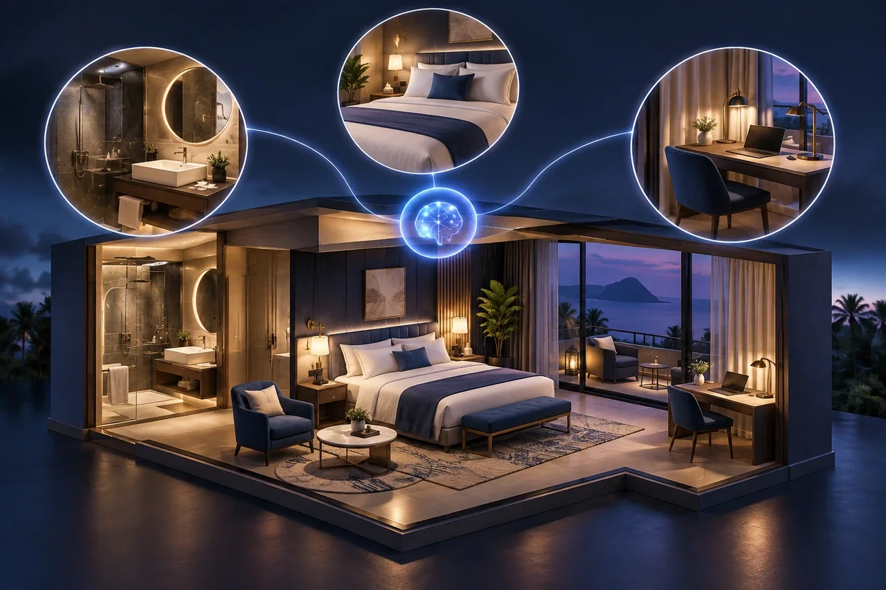 Cutaway hotel room model with comparison lenses highlighting practical room features