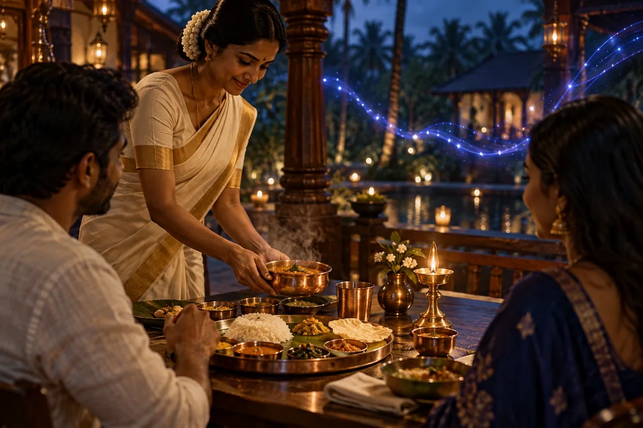 An atmospheric upscale restaurant table in a South Indian boutique hotel, copper plate and warm lighting, an unobtrusive indigo AI discovery trail in the background