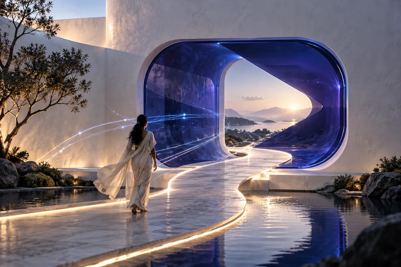 A sculptural translucent indigo button-shaped doorway in an off-white architectural wall, illuminated pathway leading naturally through it, subtle AI routing light trails