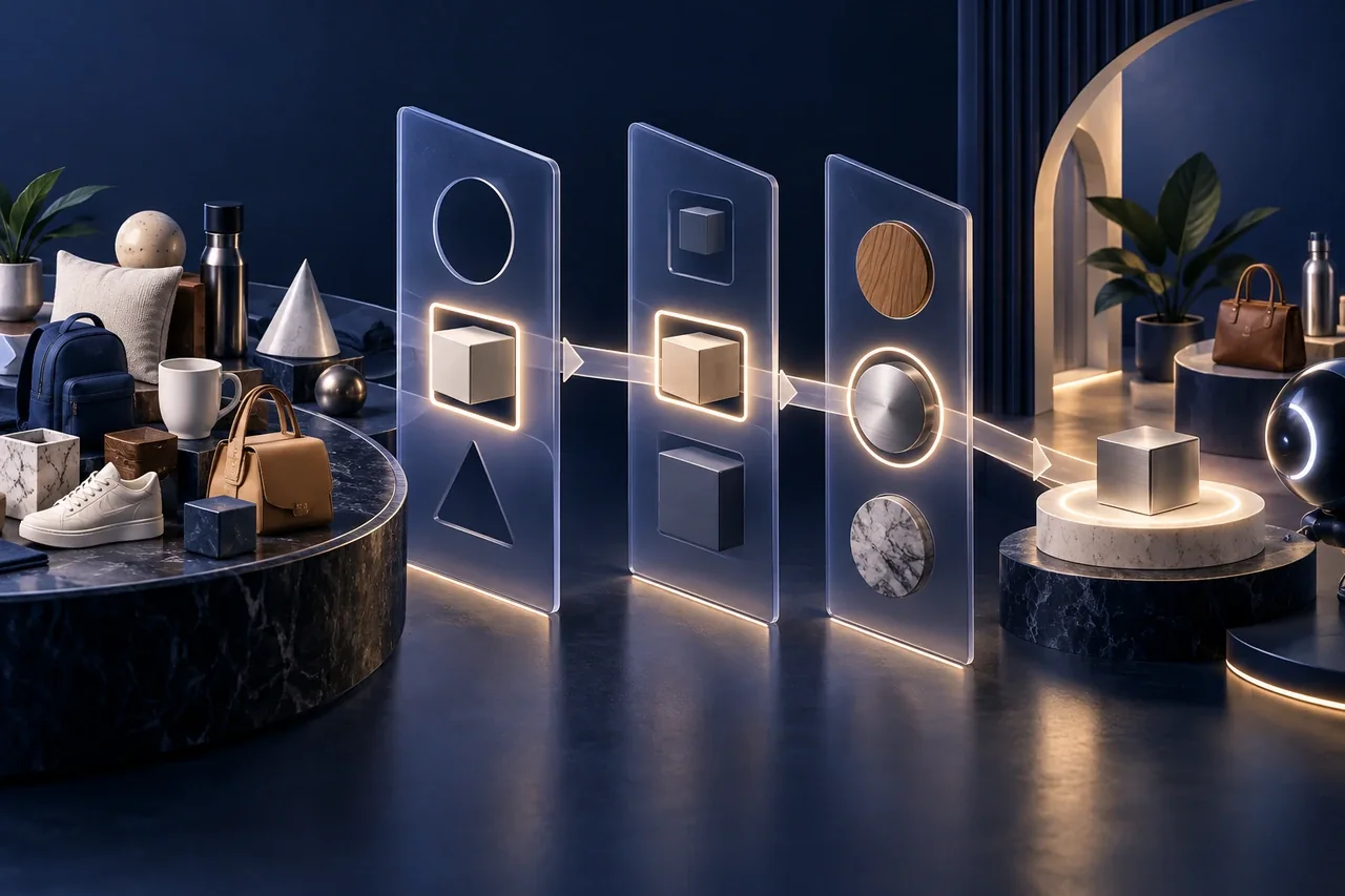 Ecommerce products organised through translucent shape, size and material filters