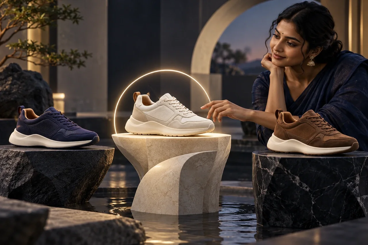 A premium pair of identical shoes in three distinct color/material options on sculptural pedestals, AI selection light carefully isolates one choice
