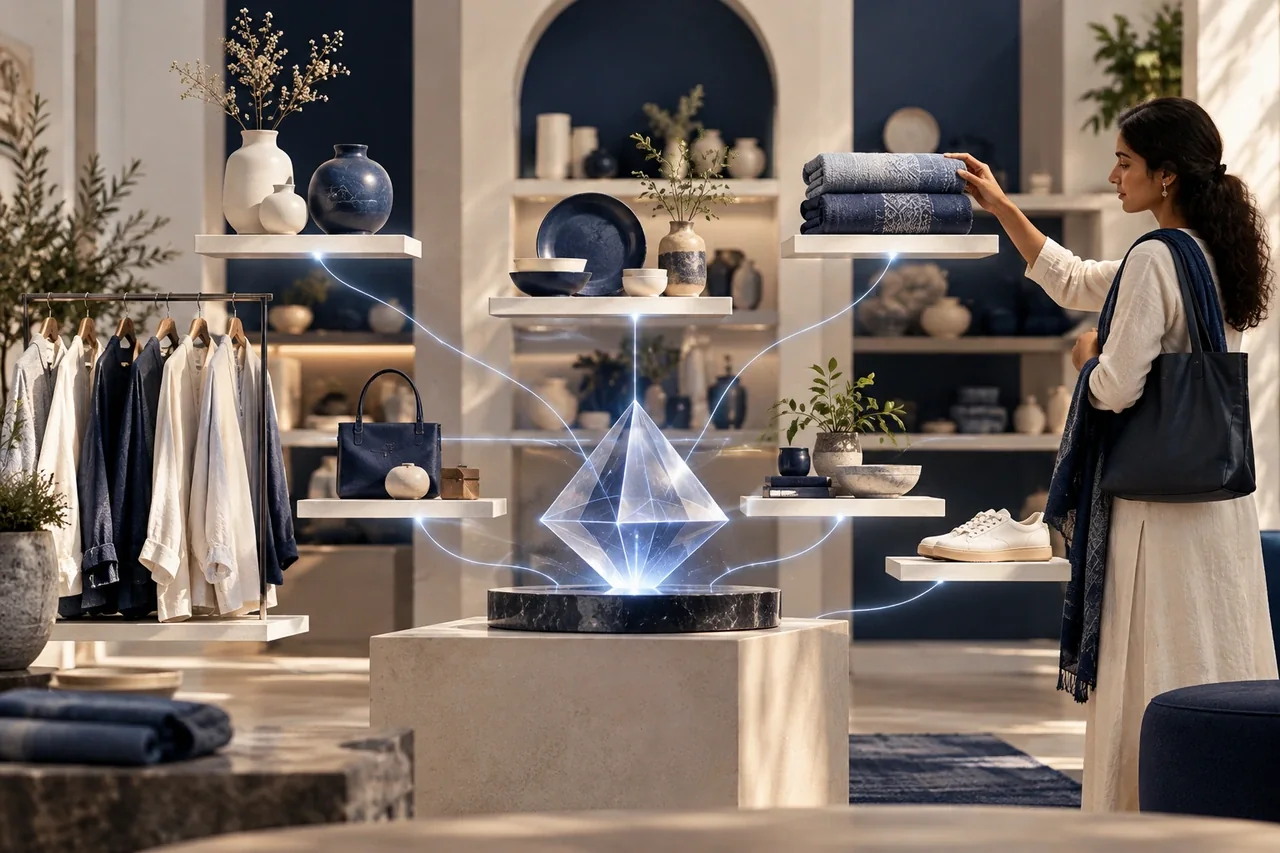 Product shelves connected by category pathways and an AI discovery prism