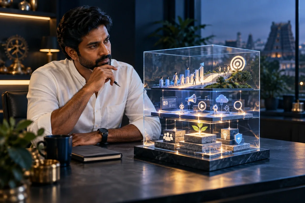 South Indian business owner examining a transparent proposal model with clear foundations and outcomes