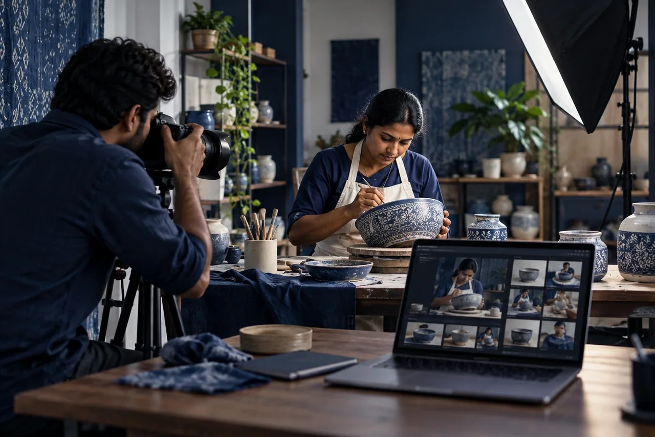 A South Indian artisan at work in a real clean studio being photographed by another South Indian professional; subtle indigo AI image organization on a laptop, authentic documentary mood