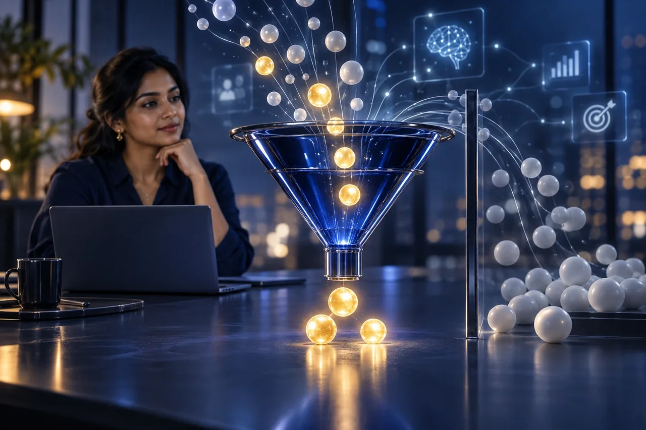 A glass campaign funnel separating relevant enquiry signals from unrelated demand