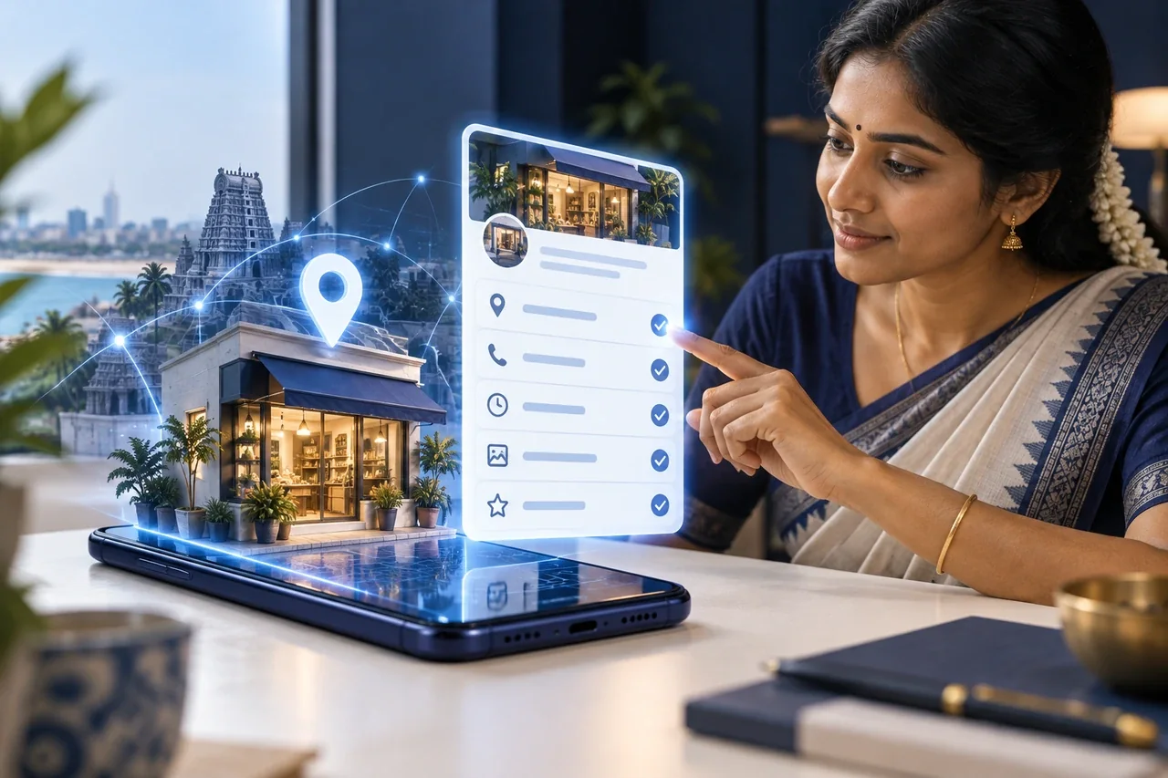 A smartphone projecting a local shopfront and business profile with AI connections