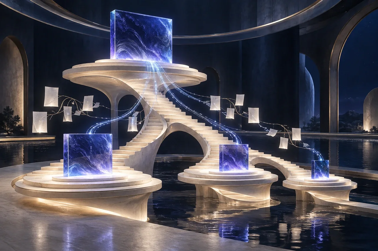 Descending sculptural terraces and AI light connections illustrate a clear hierarchy of page headings.