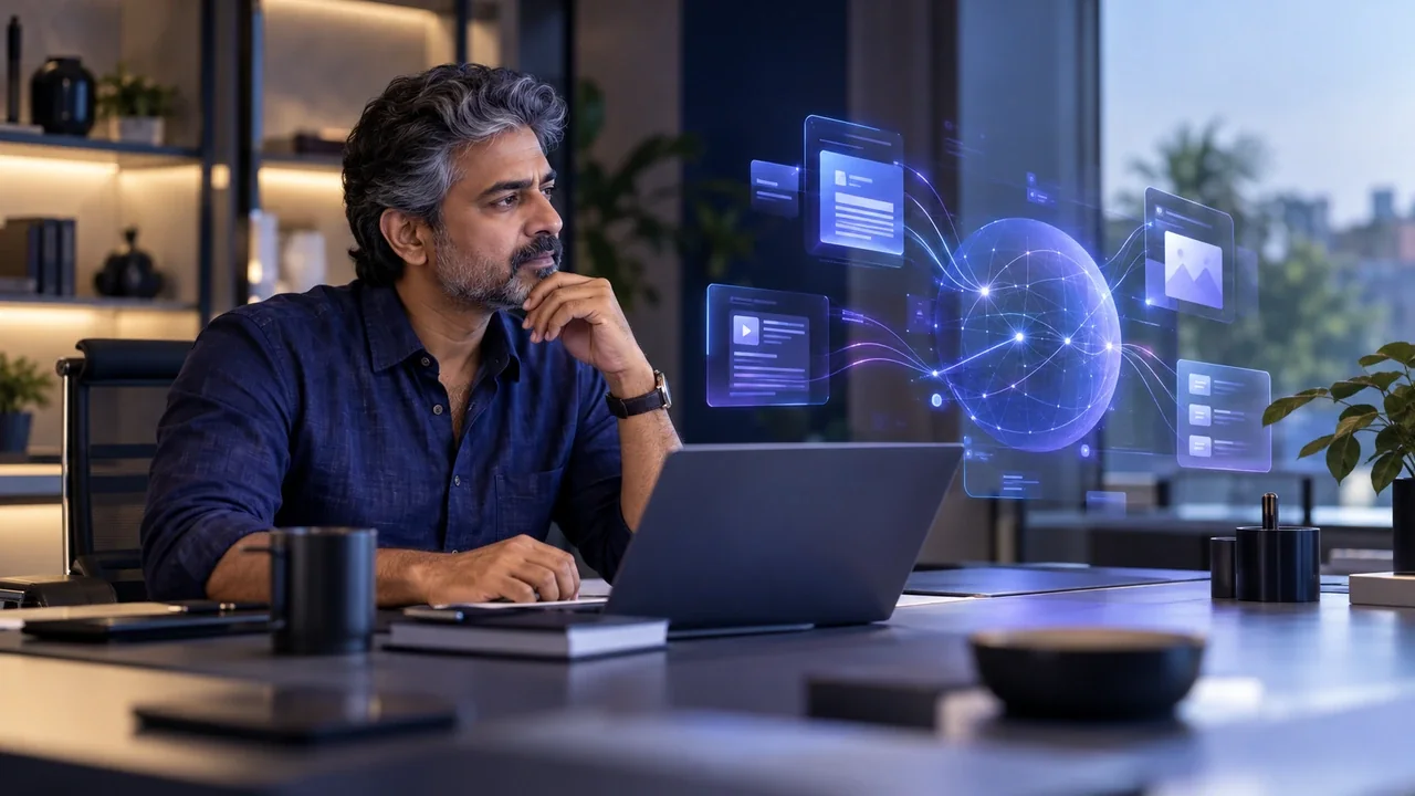 Illustrative South Indian strategist reviewing an AI search model