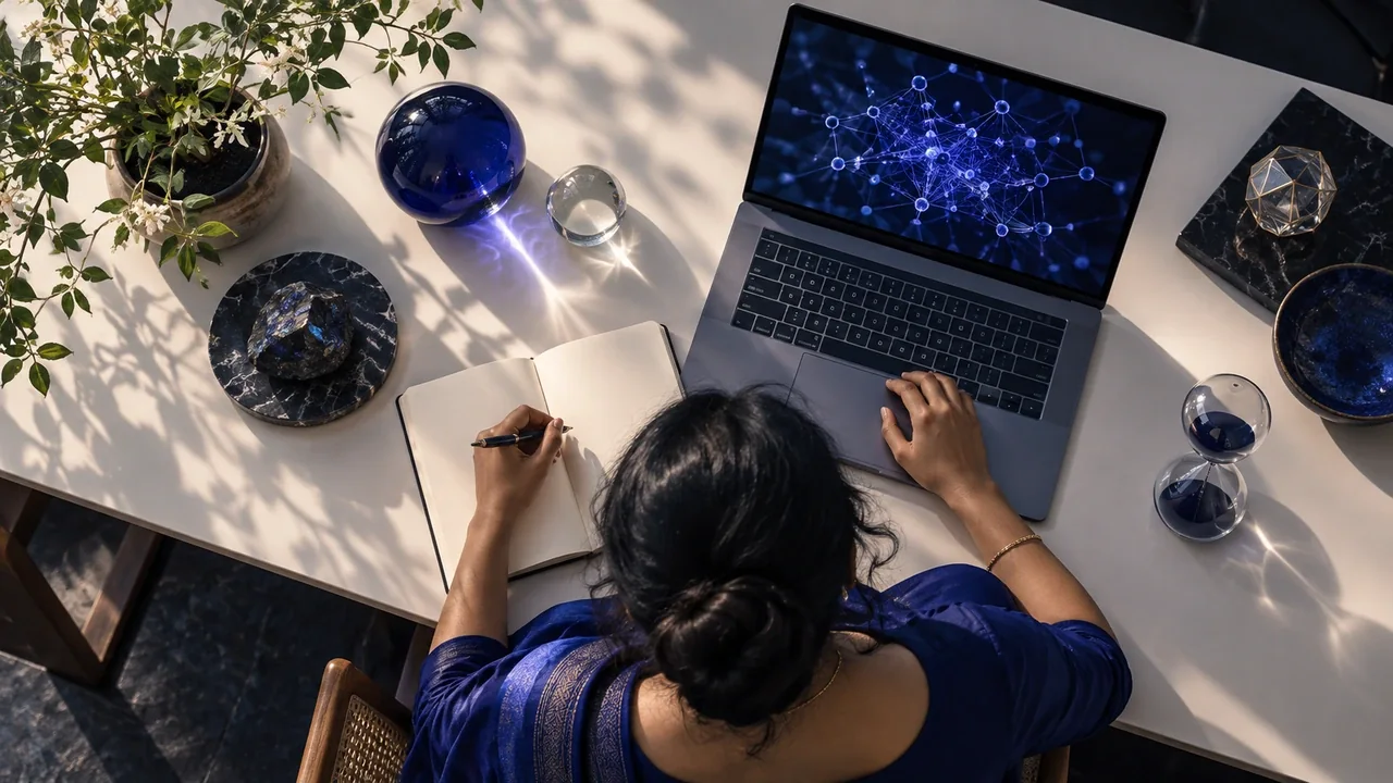 AI research workspace with a laptop and structured knowledge graph