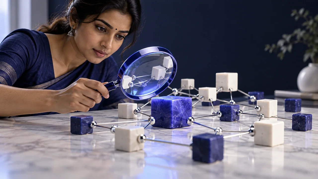AI semantic search network under a glass magnifier