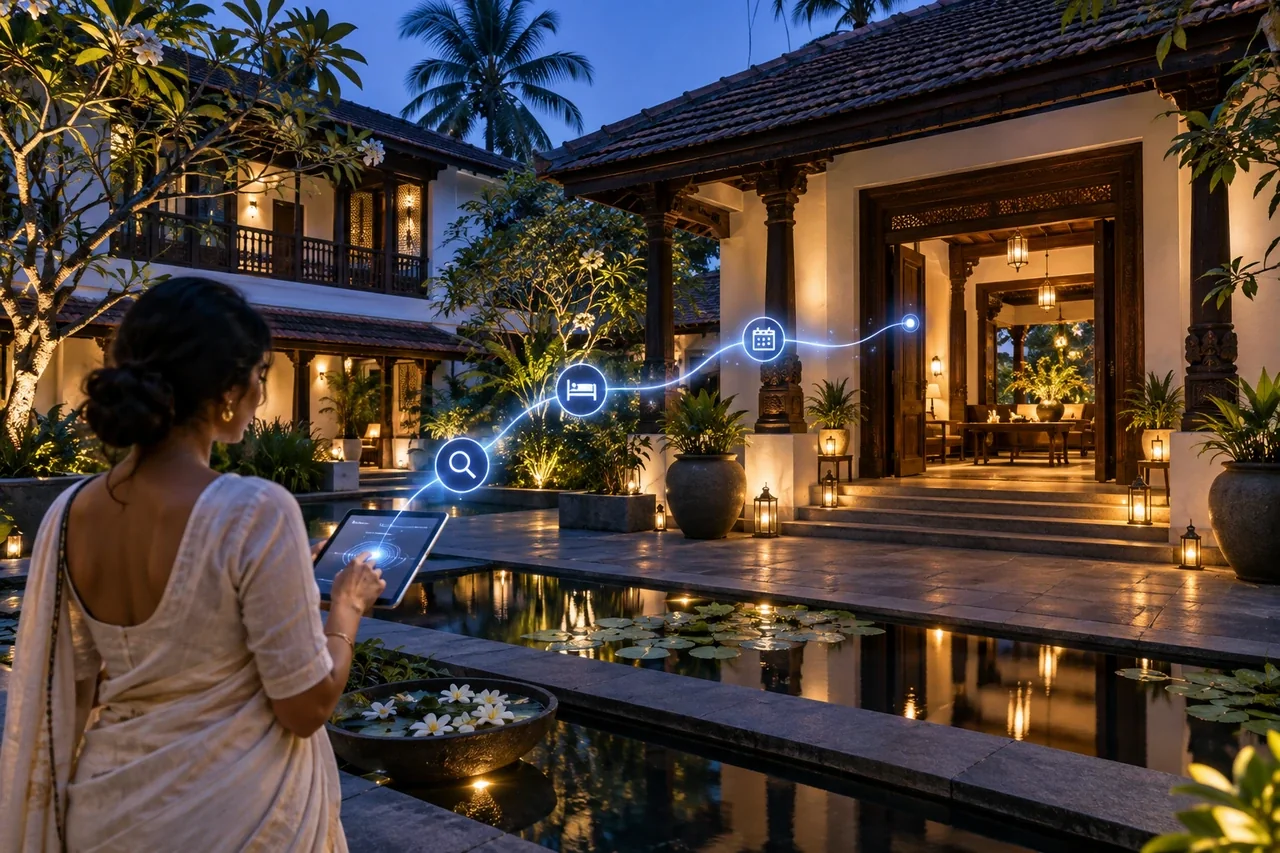 A boutique hotel courtyard connected to a digital booking pathway