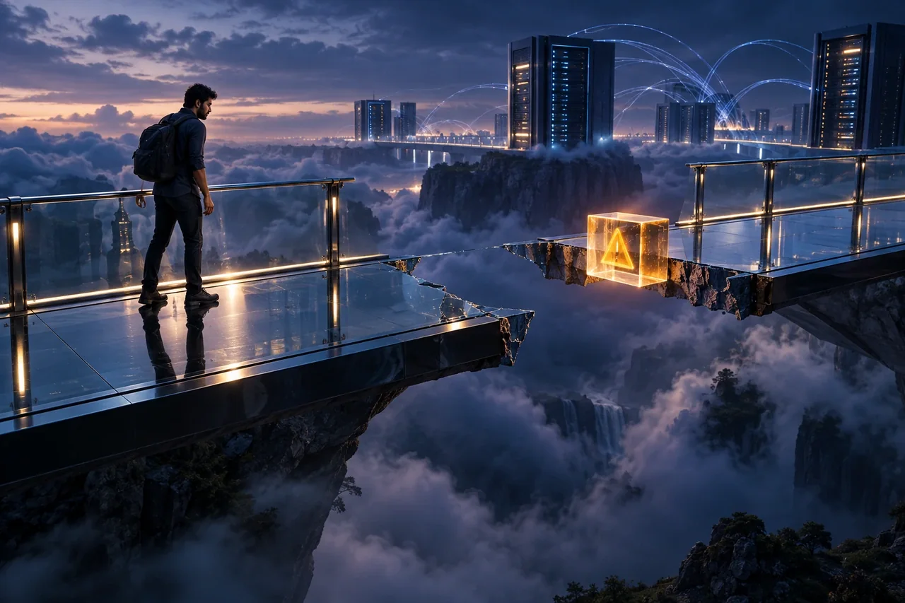 A futuristic glass bridge with one missing segment and a carefully placed glowing caution cube, server-response concept with no letters or numbers
