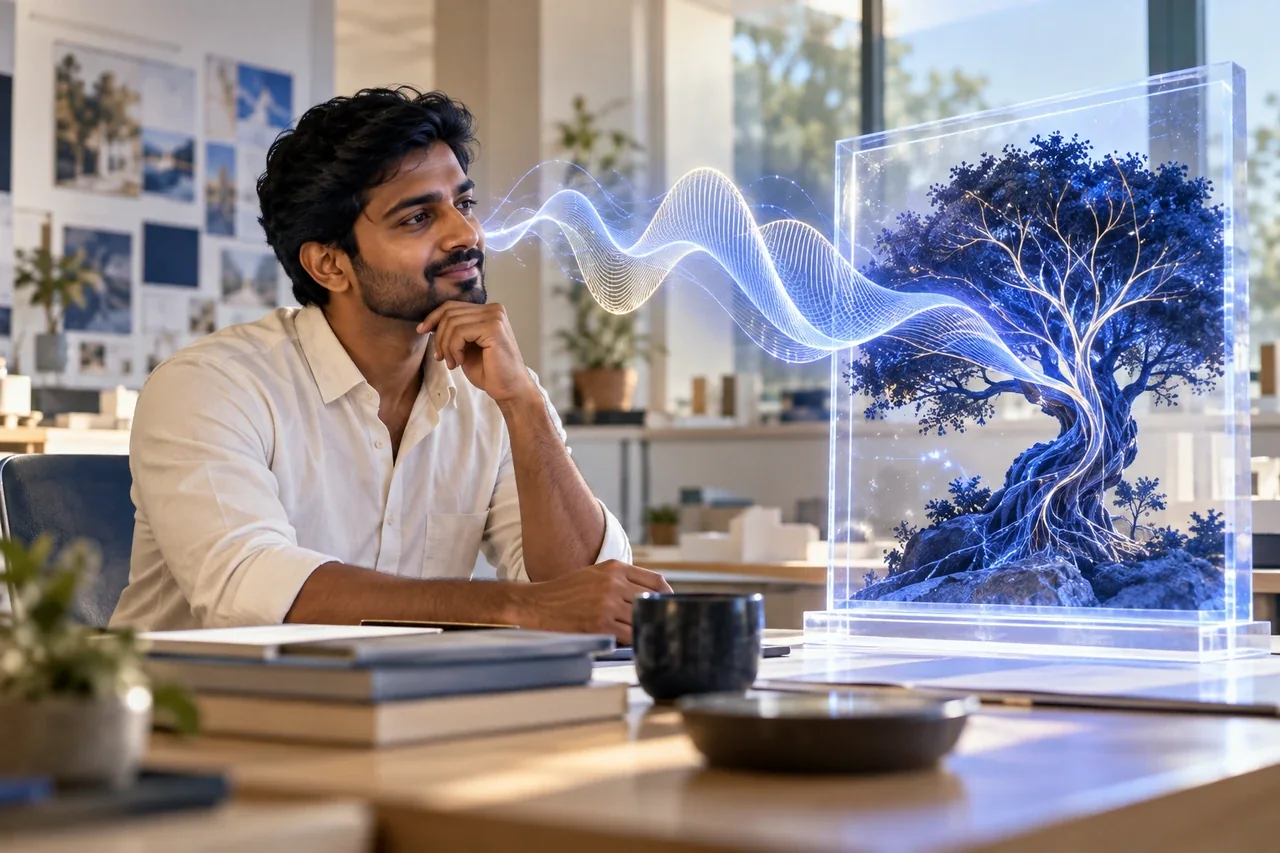 South Indian editor reviews an AI image and flowing sound-wave forms, illustrating meaningful image descriptions.