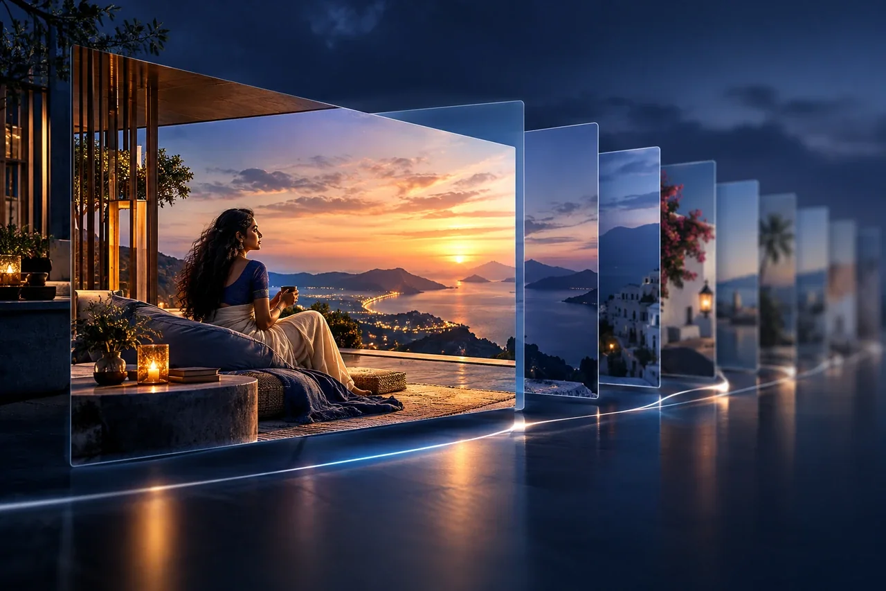 A stunning sequential cascade of image frames, first wide frame brightly crisp while background frames emerge softly, AI loading priority concept