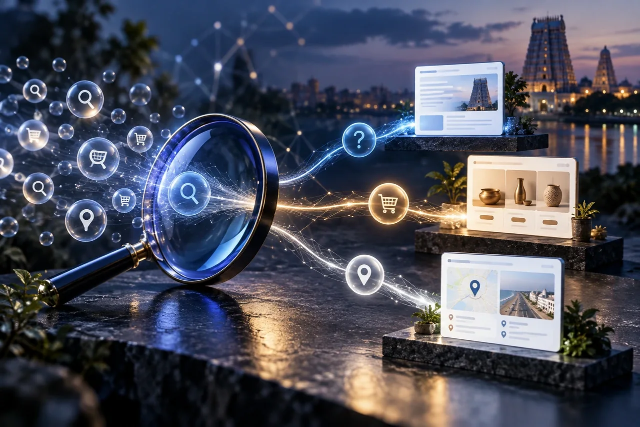 A magnifying lens sorting search signals into purposeful content routes