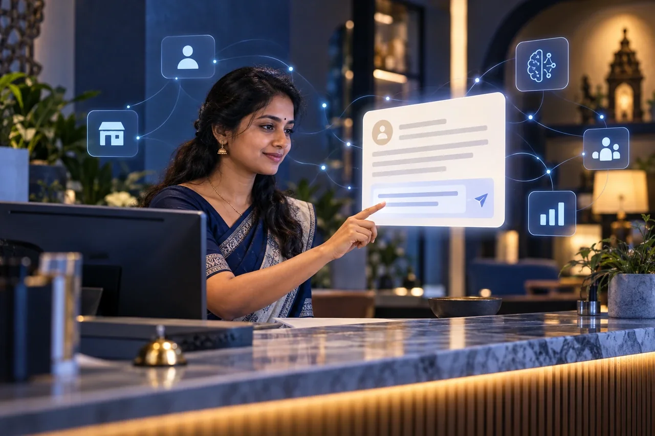A South Indian business owner responding to a customer review at a reception desk