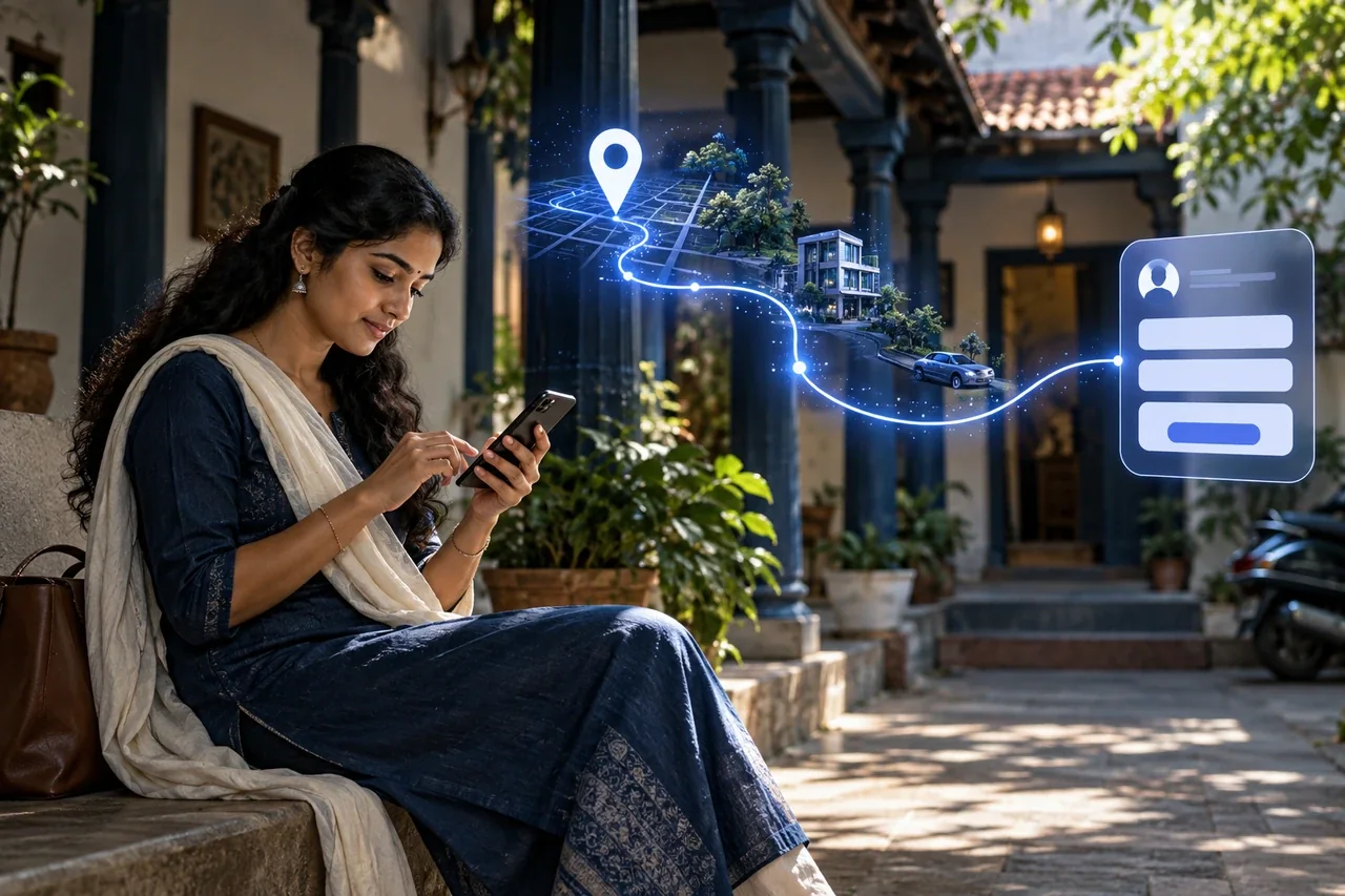 A South Indian commuter following a mobile local-search enquiry journey