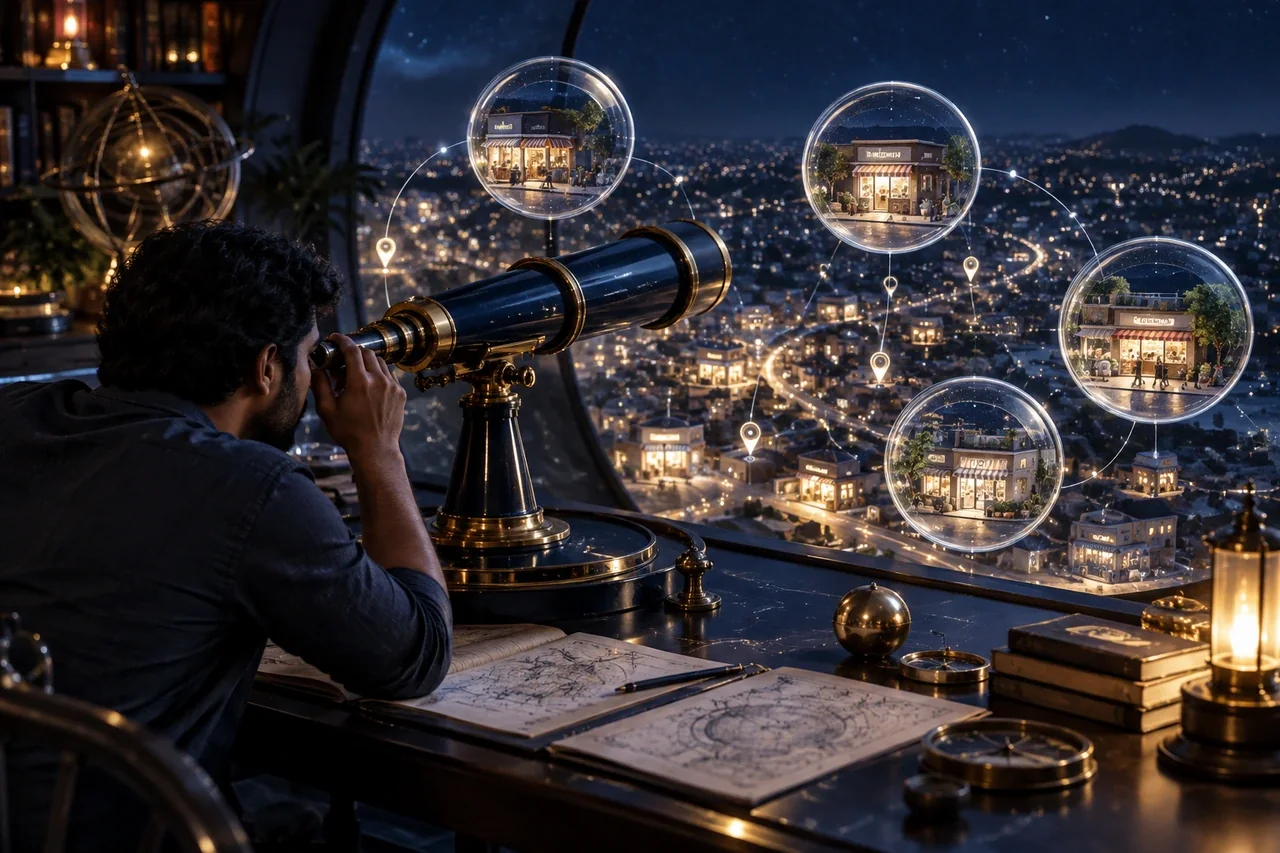 A diagnostic search telescope observing a changing constellation of local businesses