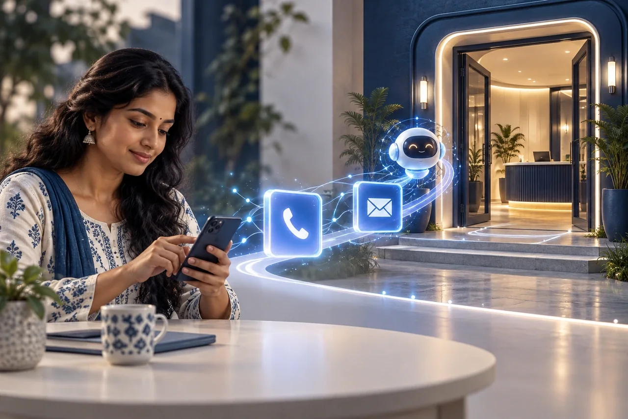 A South Indian customer using a phone to reach clear contact options