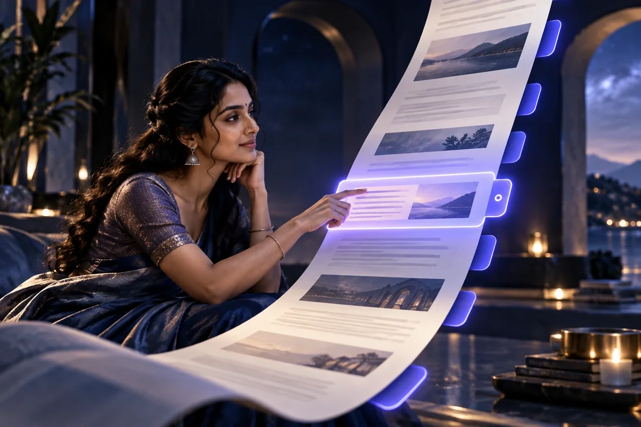 A beautiful floating long scroll of blank article panels with luminous indigo tabs along the edge, a reader navigation path elegantly finding a highlighted section