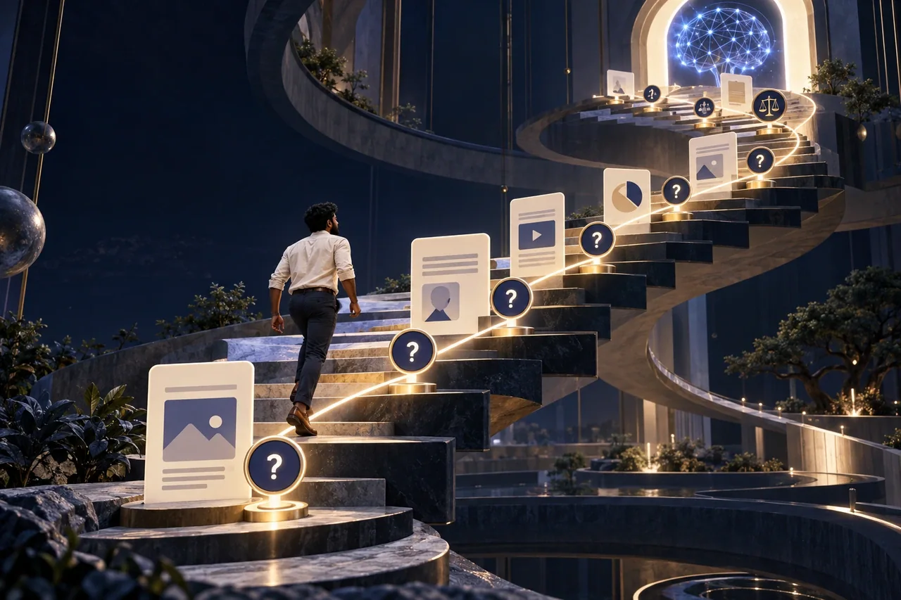 Content cards and buyer questions arranged along an illuminated sales cycle staircase