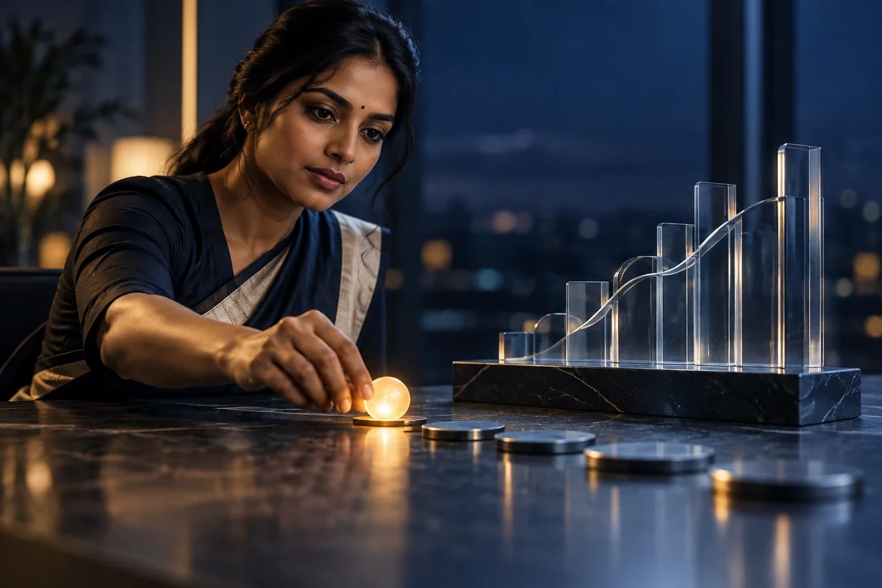 A South Indian business analyst placing a single luminous action token beside an understated glass report sculpture, decisive editorial photography