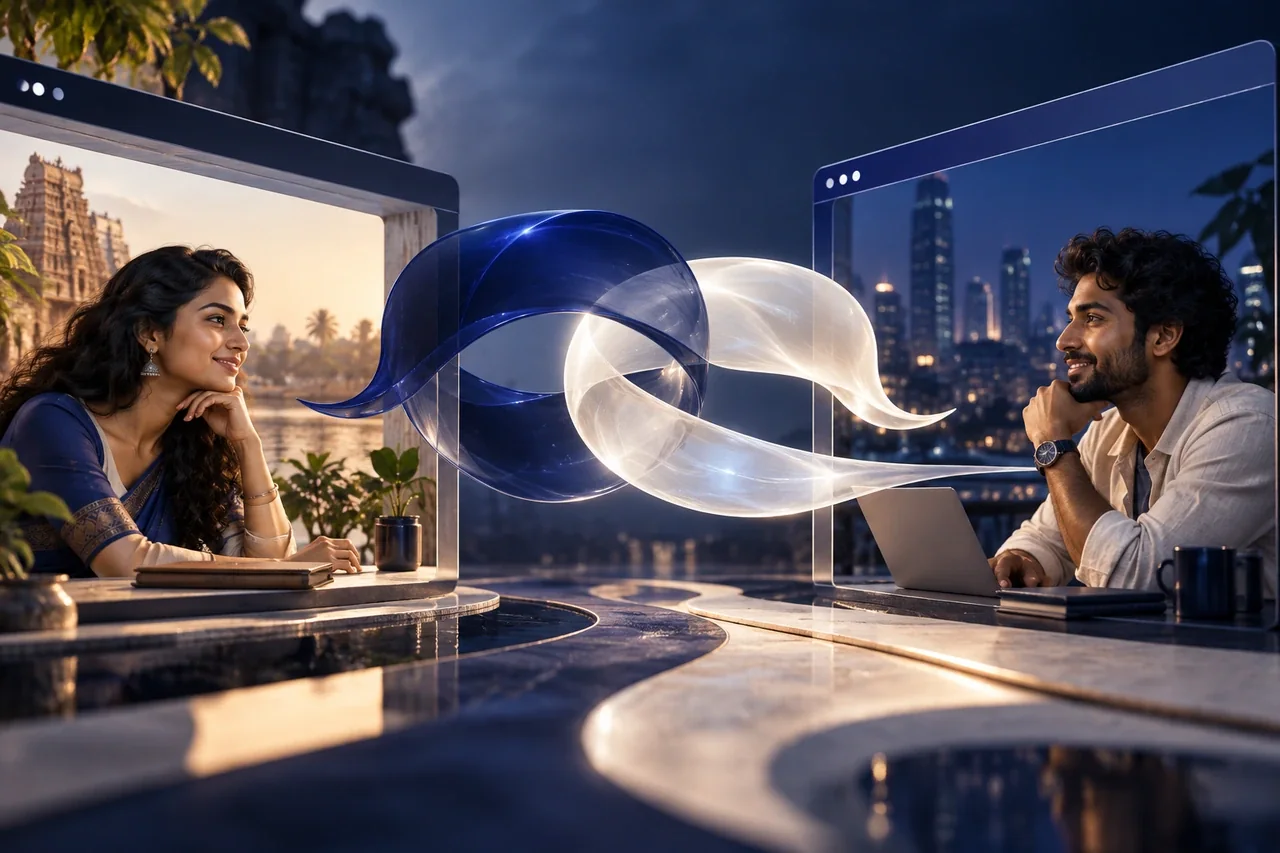 Two interlocking translucent speech ribbons in indigo and pearl bridging matching browser-like panels, Tamil-English bilingual journey concept, absolutely no glyphs