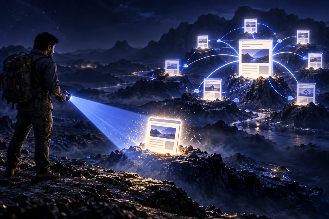 Search beam discovering an isolated page and connecting it to a website constellation