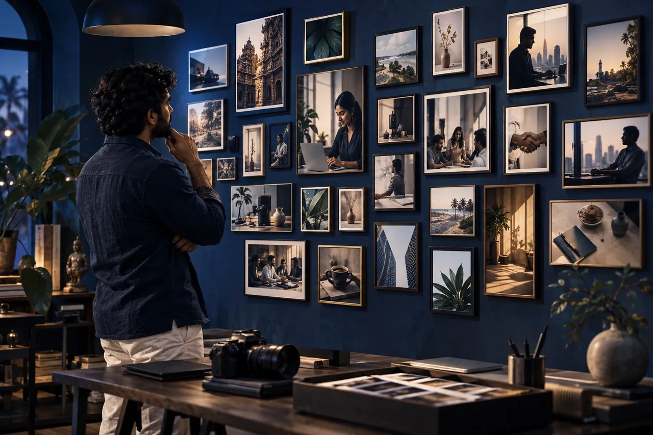 A carefully organized wall of varied miniature photo frames in an indigo-lit creative studio, South Indian photographer reviewing a curated business library
